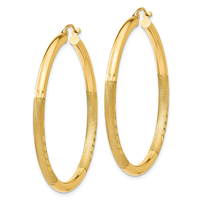 14k Satin and Diamond-cut 3mm Round Hoop Earrings-TC294