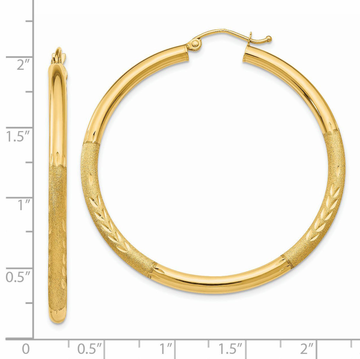 14k Satin and Diamond-cut 3mm Round Hoop Earrings-TC294