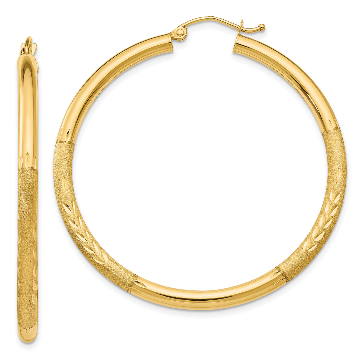 14k Satin and Diamond-cut 3mm Round Hoop Earrings-TC294