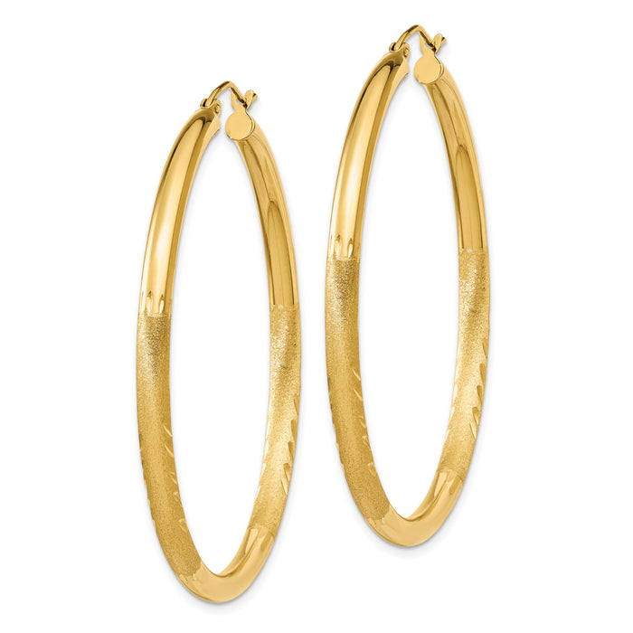 14k Satin and Diamond-cut 3mm Round Hoop Earrings-TC295