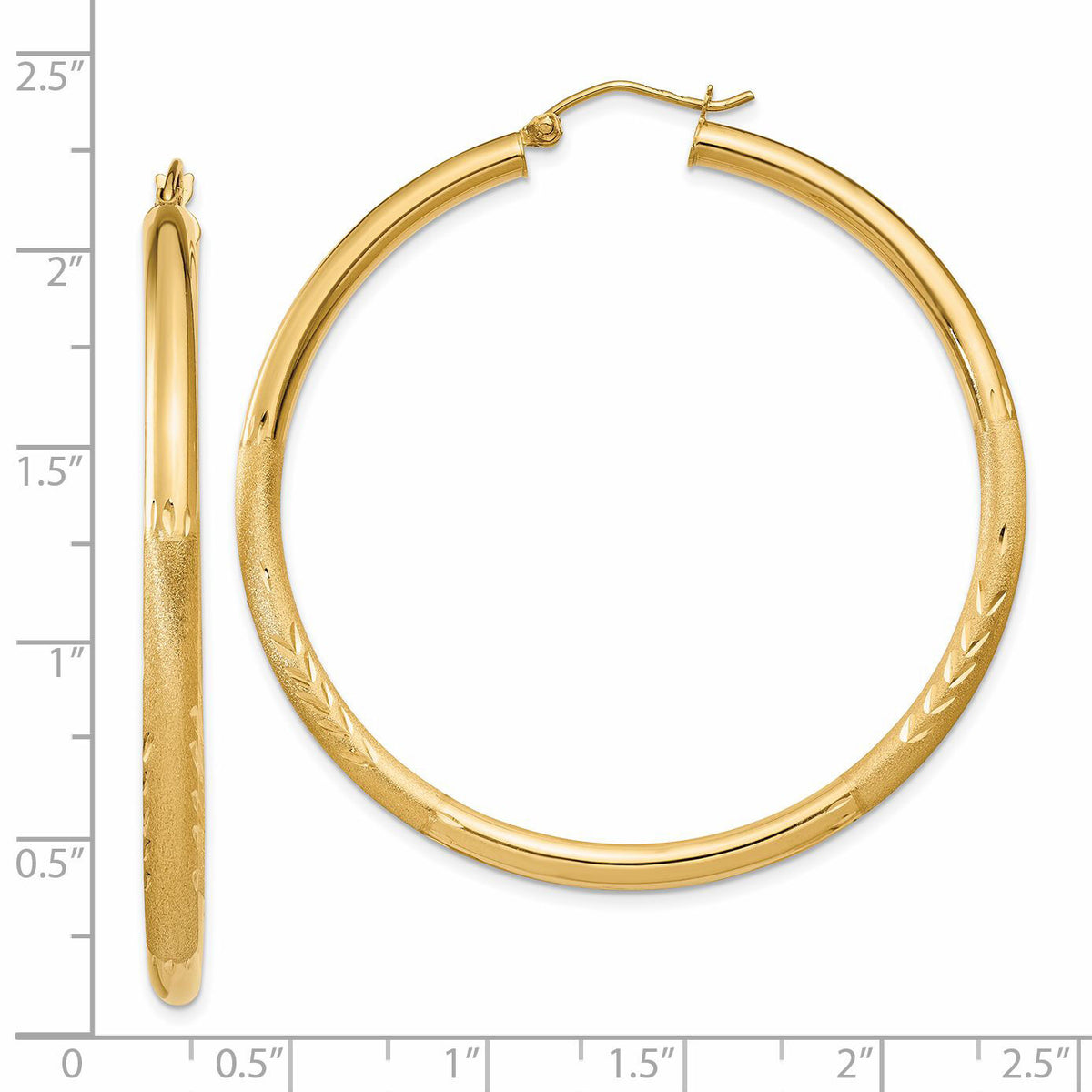14k Satin and Diamond-cut 3mm Round Hoop Earrings-TC295