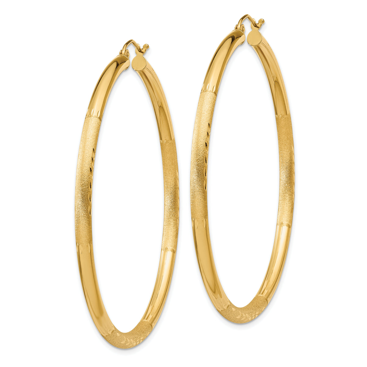 14k Satin and Diamond-cut 3mm Round Hoop Earrings-TC296