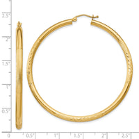 14k Satin and Diamond-cut 3mm Round Hoop Earrings-TC296