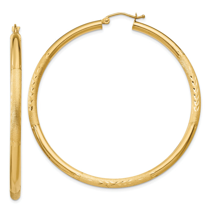 14k Satin and Diamond-cut 3mm Round Hoop Earrings-TC296