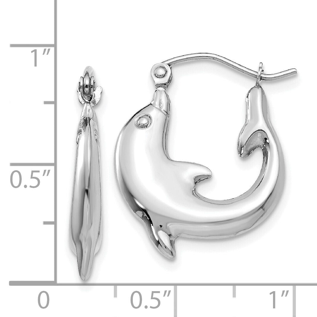 14k White Gold Polished Dolphin Hoop Earrings-TC505