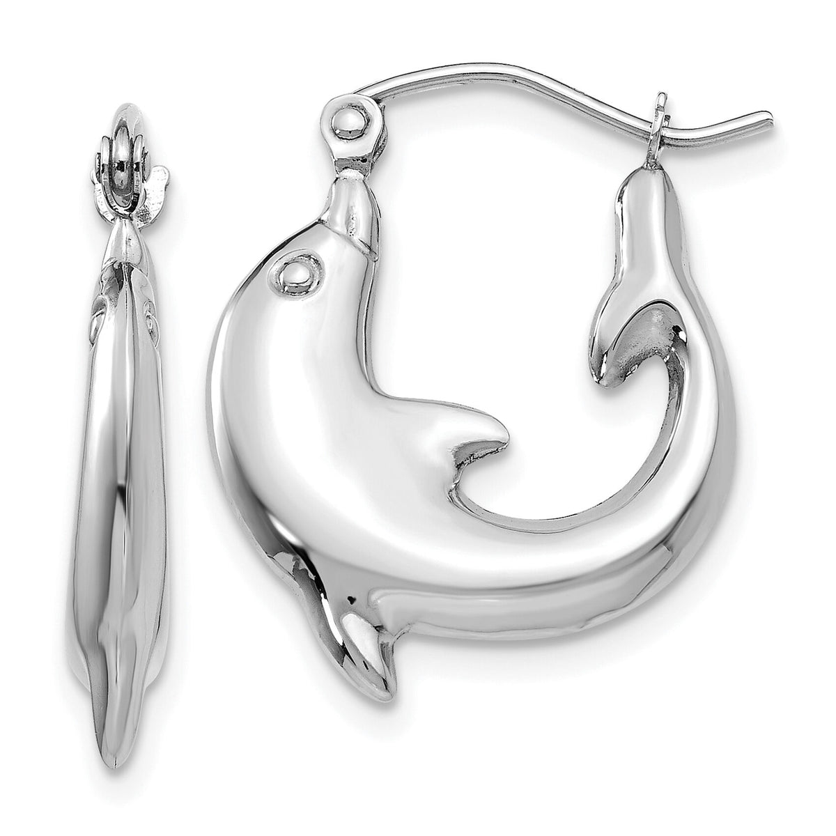 14k White Gold Polished Dolphin Hoop Earrings-TC505