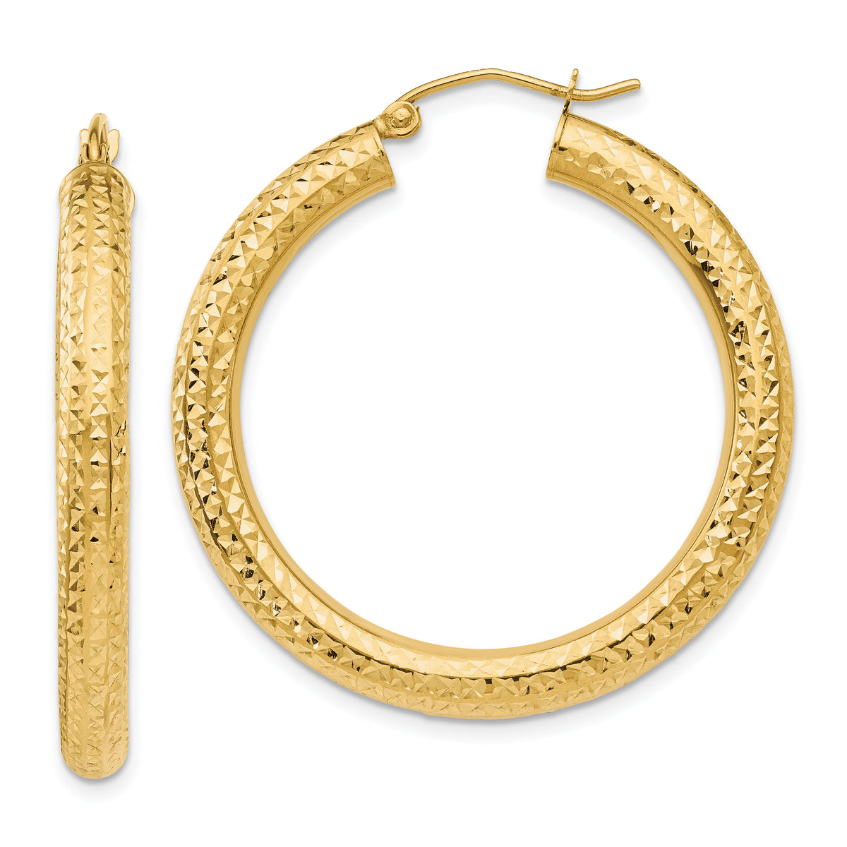 14k Diamond-cut 4mm Round Hoop Earrings-TC534
