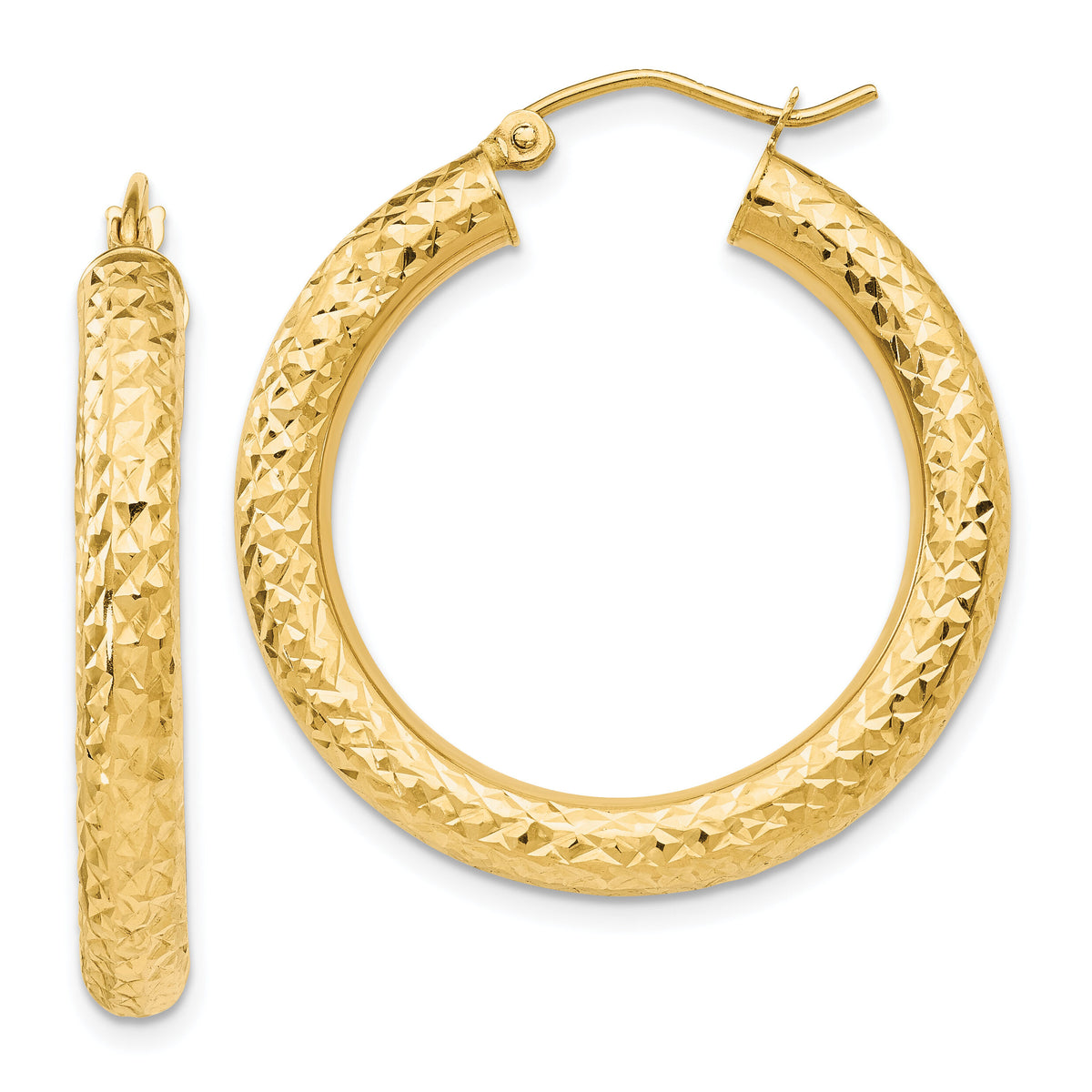 14k Diamond-cut 4mm Round Hoop Earrings-TC535