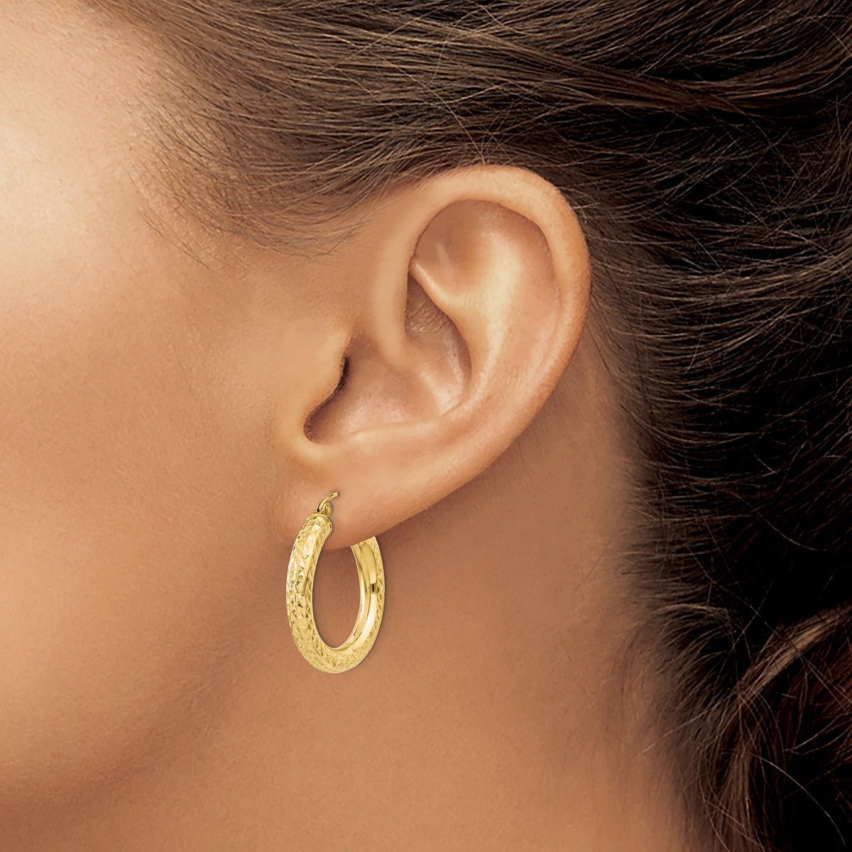 14k Diamond-cut 4mm Round Hoop Earrings-TC536