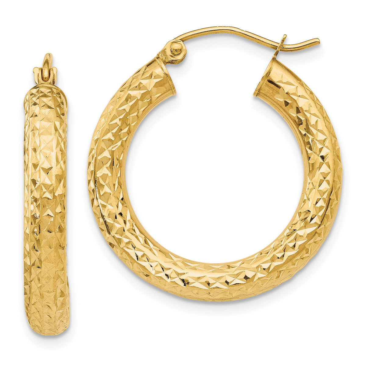 14k Diamond-cut 4mm Round Hoop Earrings-TC536