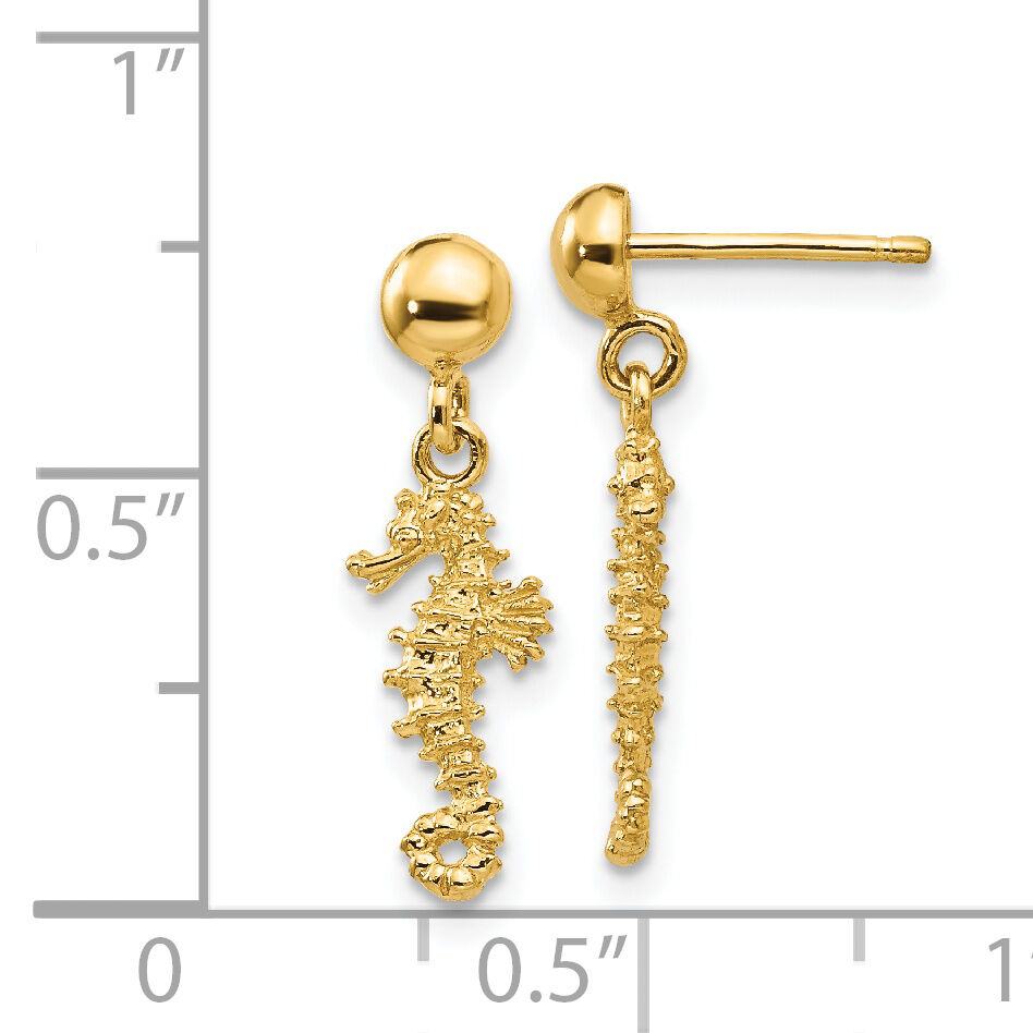 14k 3-D Mini Seahorse Dangle Post Earrings-TC607