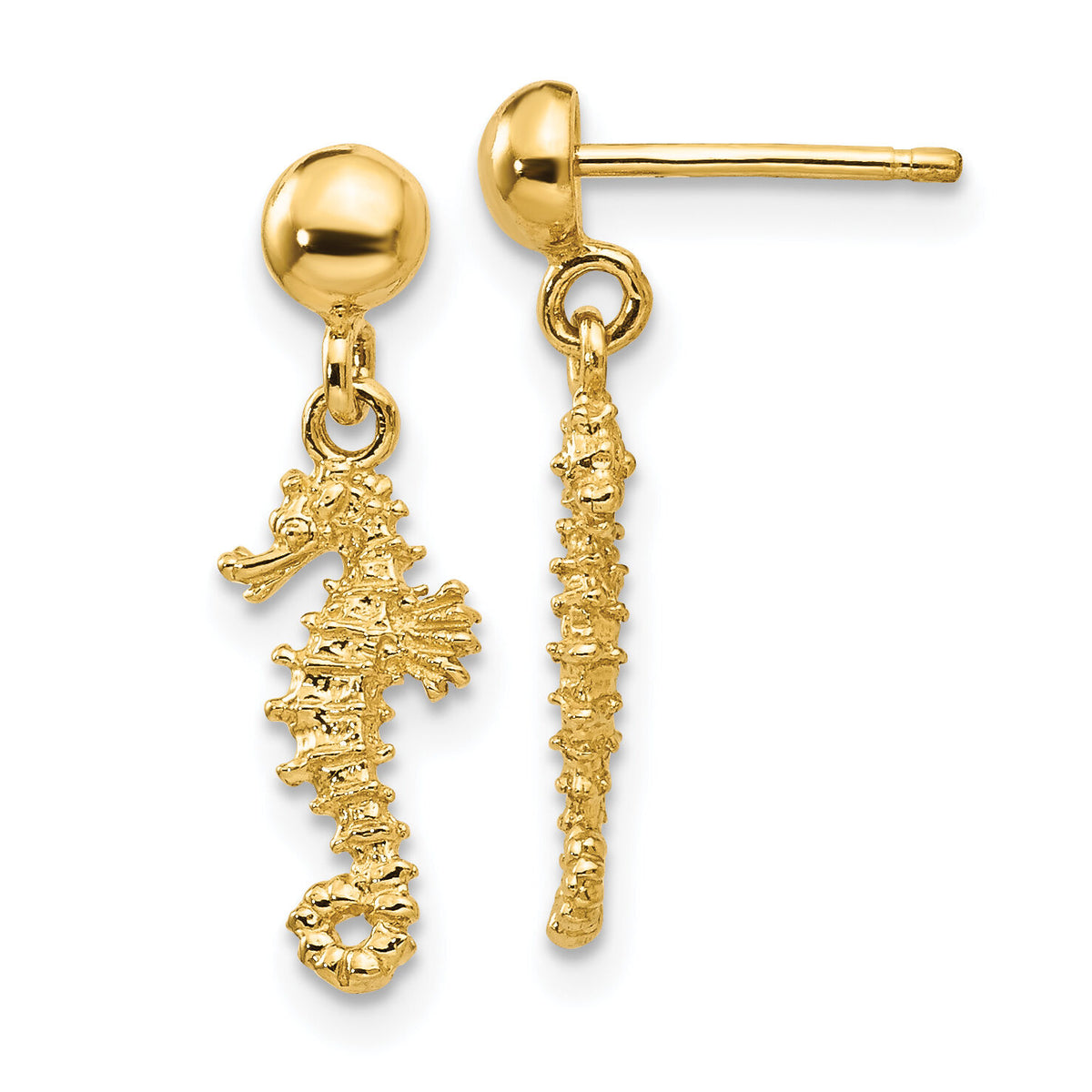 14k 3-D Mini Seahorse Dangle Post Earrings-TC607