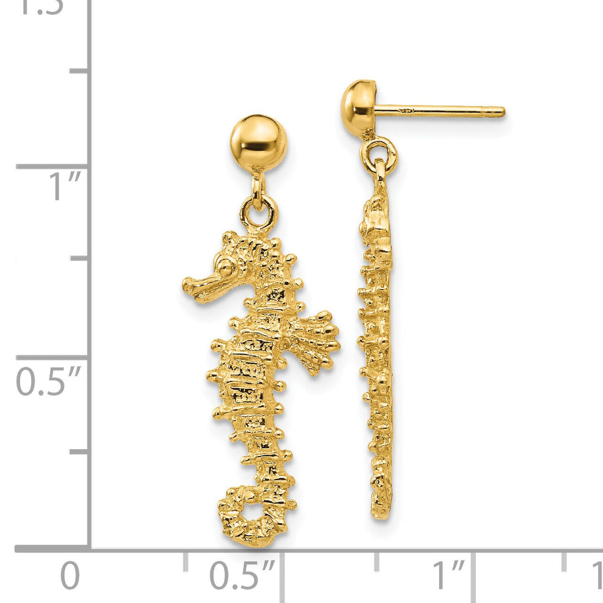 14k Large Seahorse Dangle Post Earrings-TC608