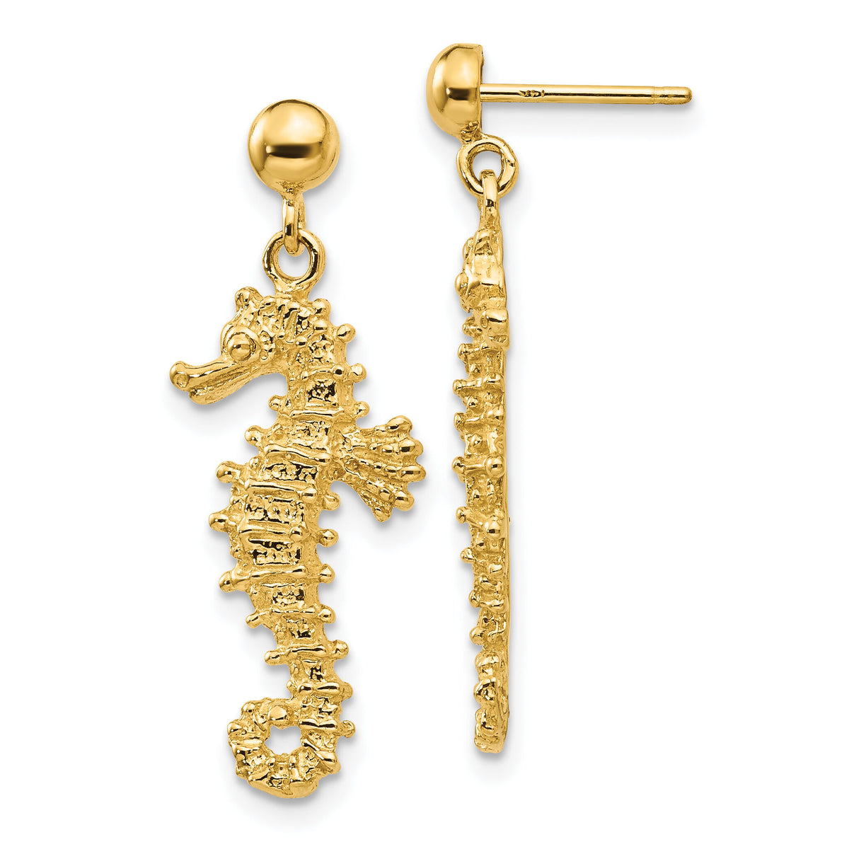 14k Large Seahorse Dangle Post Earrings-TC608