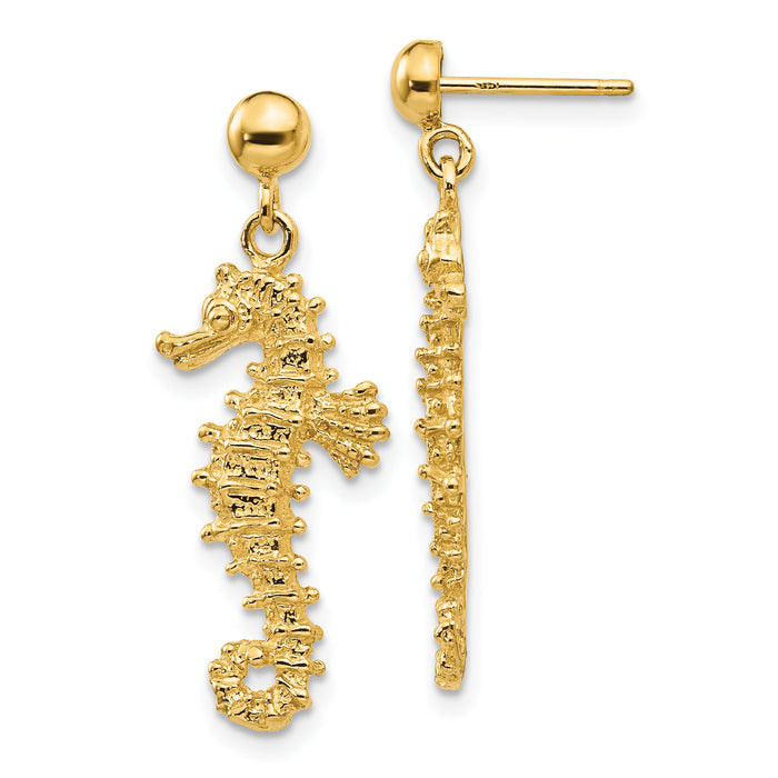 14k Large Seahorse Dangle Post Earrings-TC608