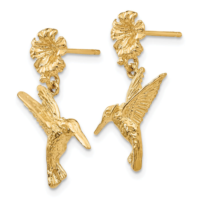 14k Hummingbird Dangles from Flower Post Earrings-TC624