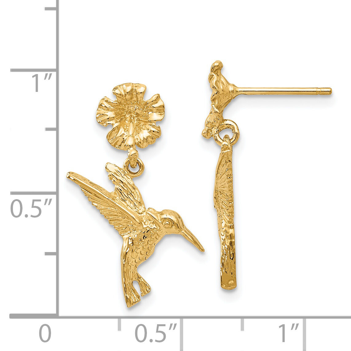 14k Hummingbird Dangles from Flower Post Earrings-TC624