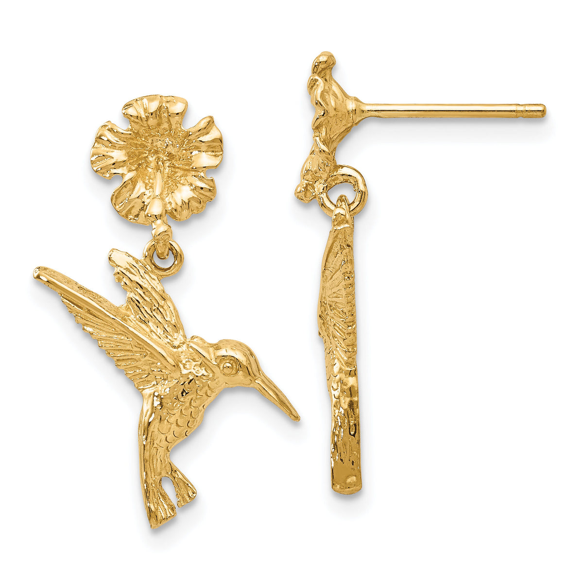 14k Hummingbird Dangles from Flower Post Earrings-TC624
