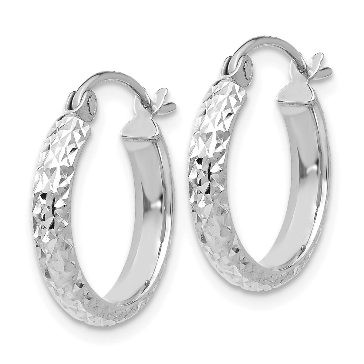 14K White Gold Diamond-cut 2.8x15mm Hollow Hoop Earrings-TC799
