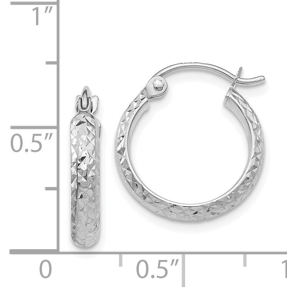 14K White Gold Diamond-cut 2.8x15mm Hollow Hoop Earrings-TC799