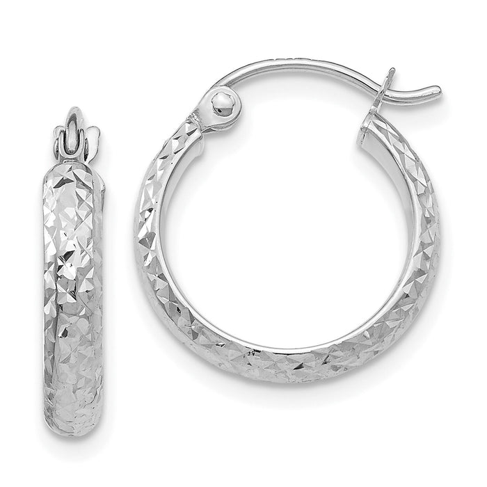 14K White Gold Diamond-cut 2.8x15mm Hollow Hoop Earrings-TC799