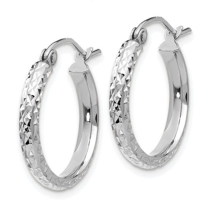 14K White Gold Diamond-cut 2.8x18mm Hollow Hoop Earrings-TC800