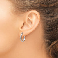 14K White Gold Diamond-cut 2.8x18mm Hollow Hoop Earrings-TC800