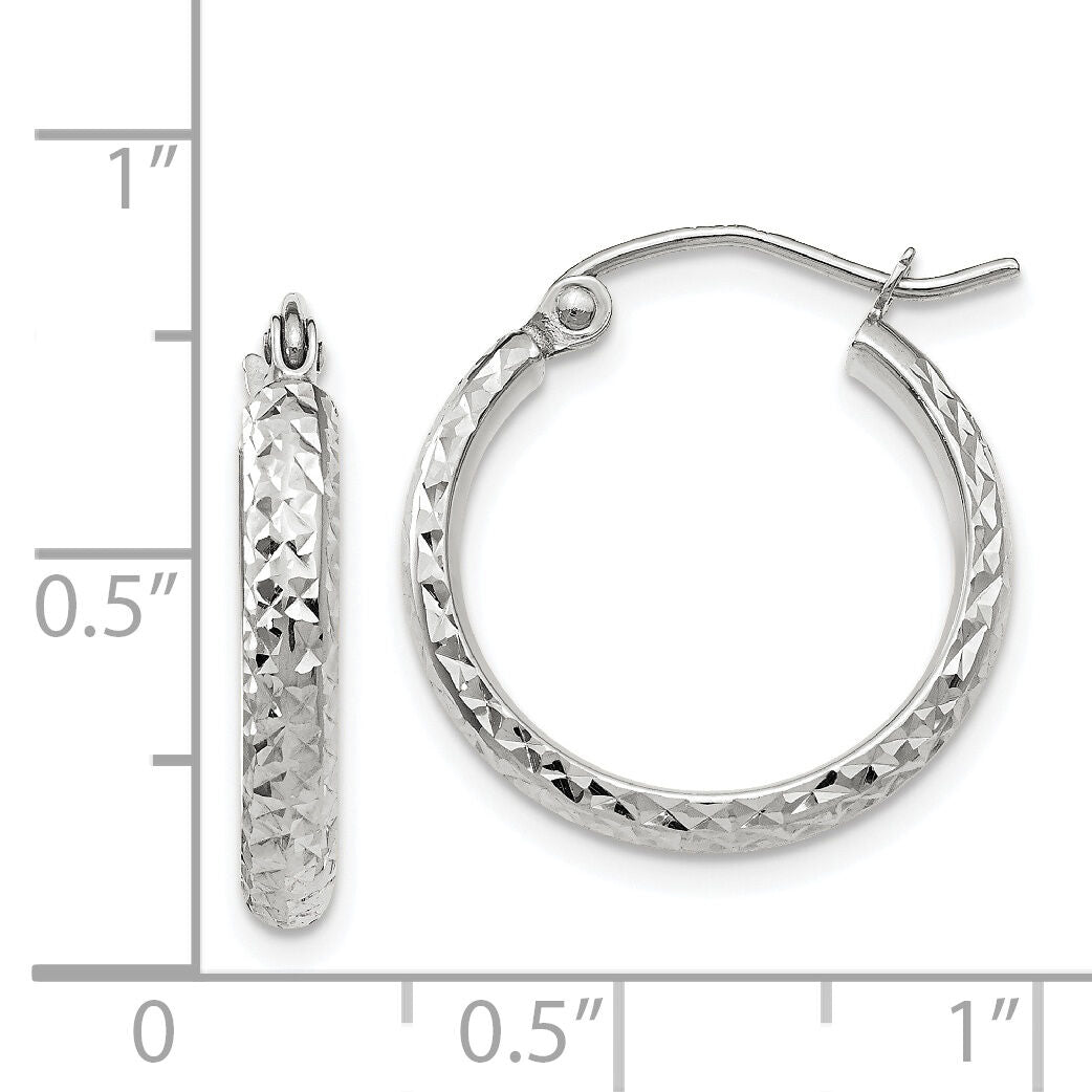 14K White Gold Diamond-cut 2.8x18mm Hollow Hoop Earrings-TC800