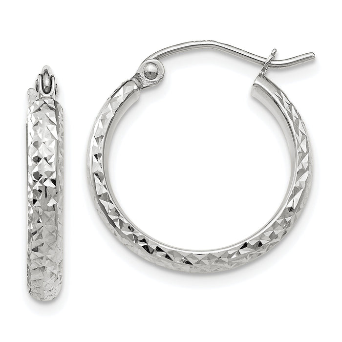 14K White Gold Diamond-cut 2.8x18mm Hollow Hoop Earrings-TC800