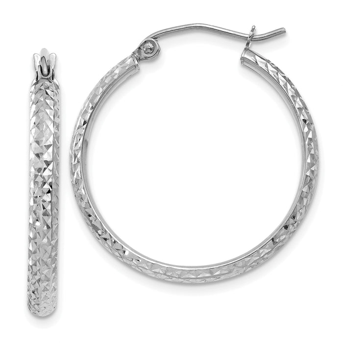 14K White Gold Diamond-cut 2.8x25mm Hollow Hoop Earrings-TC801