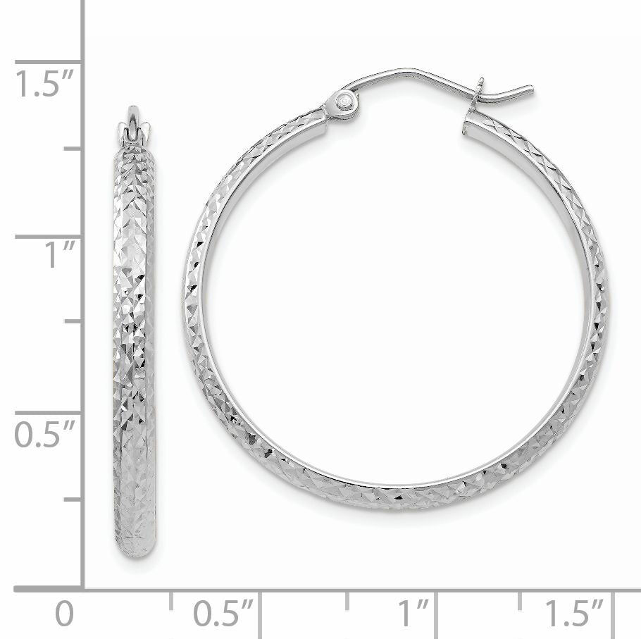 14K White Gold Diamond-cut 2.8x30mm Hollow Hoop Earrings-TC802