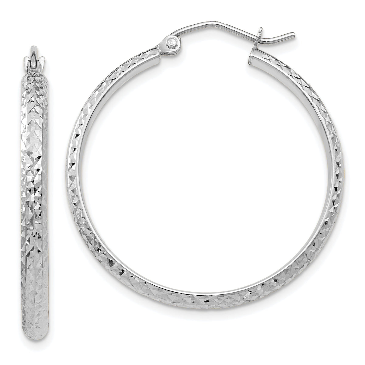 14K White Gold Diamond-cut 2.8x30mm Hollow Hoop Earrings-TC802