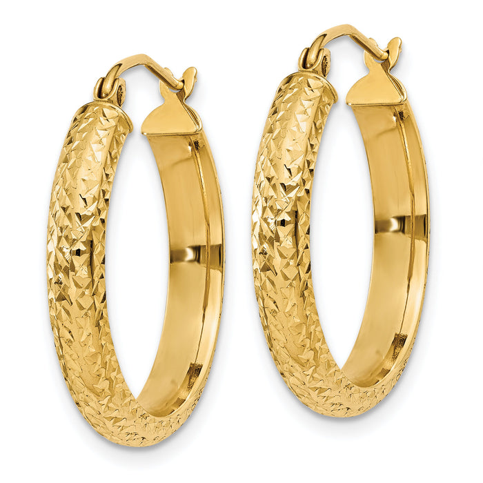 14K Diamond-cut 3.5x22mm Hollow Hoop Earrings-TC807