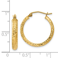14K Diamond-cut 3.5x22mm Hollow Hoop Earrings-TC807