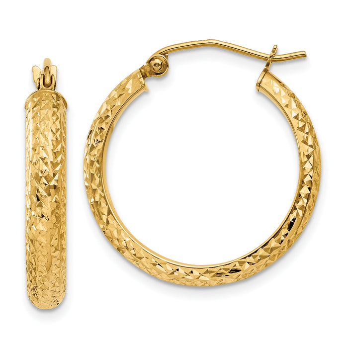 14K Diamond-cut 3.5x22mm Hollow Hoop Earrings-TC807