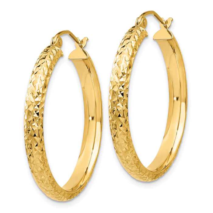14K Diamond-cut 3.5x28mm Hollow Hoop Earrings-TC808