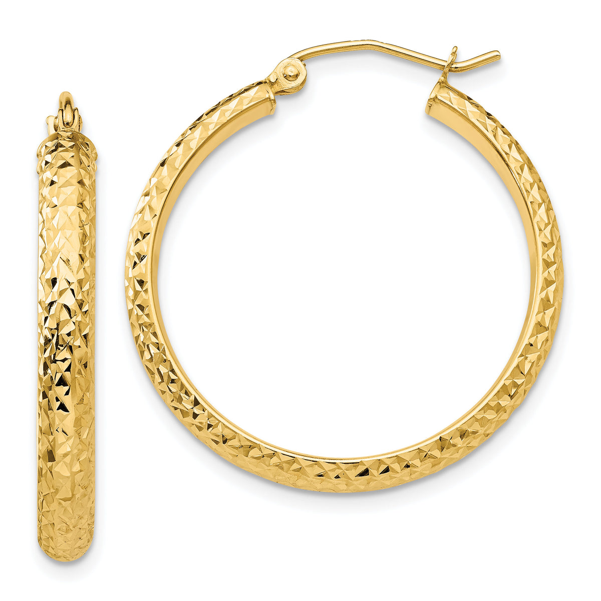 14K Diamond-cut 3.5x28mm Hollow Hoop Earrings-TC808