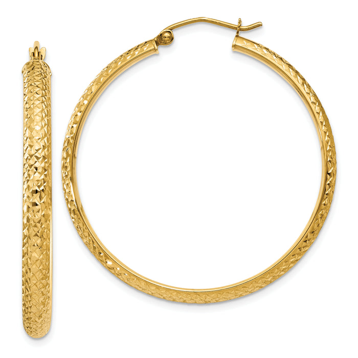 14K Diamond-cut 3.5x38mm Hollow Hoop Earrings-TC809