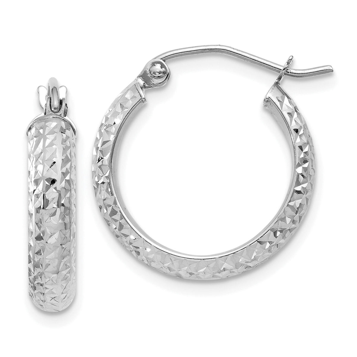 14K White Gold Diamond-cut 3.5x17mm Hollow Hoop Earrings-TC811