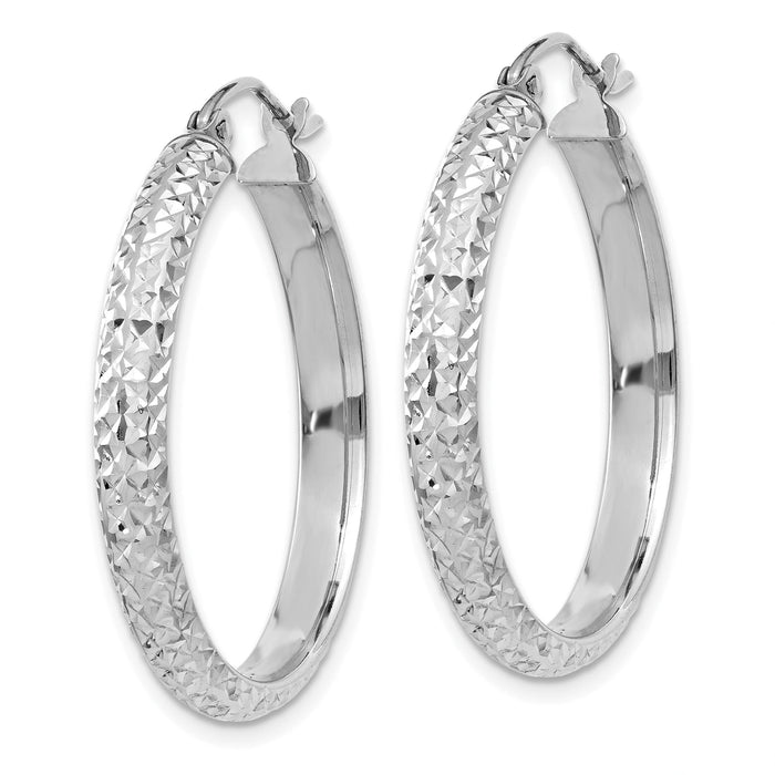 14K White Gold Diamond-cut 3.5x28mm Hollow Hoop Earrings-TC812