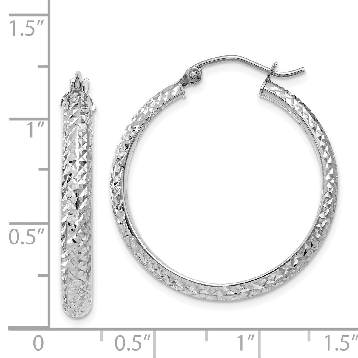 14K White Gold Diamond-cut 3.5x28mm Hollow Hoop Earrings-TC812