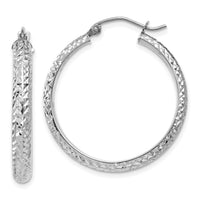 14K White Gold Diamond-cut 3.5x28mm Hollow Hoop Earrings-TC812
