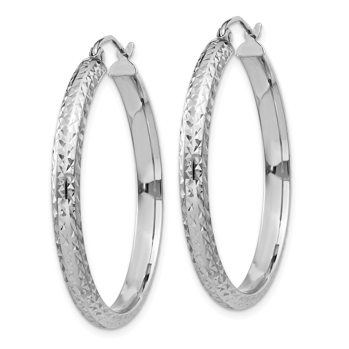 14K White Gold Diamond-cut 3.5x34mm Hollow Hoop Earrings-TC813