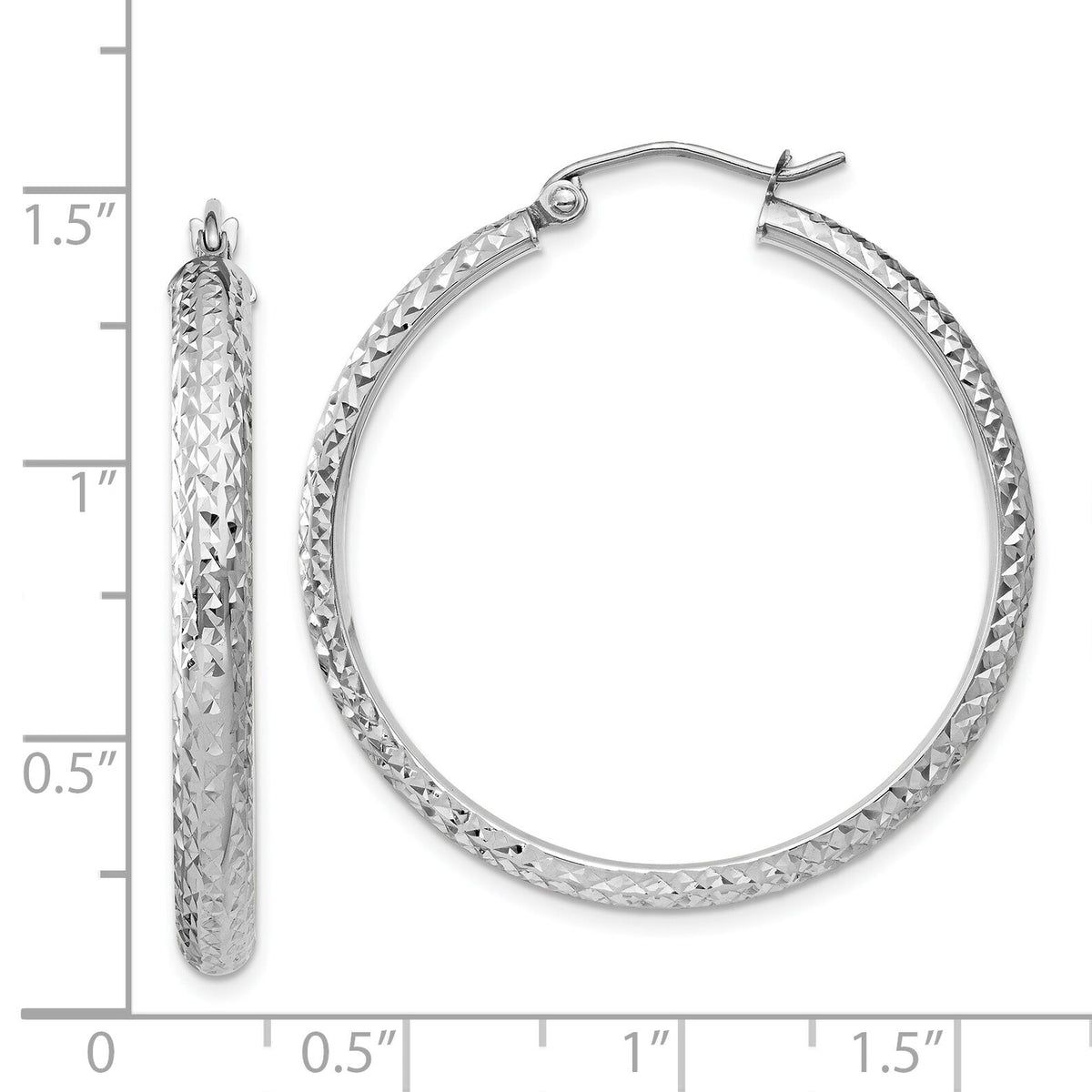 14K White Gold Diamond-cut 3.5x34mm Hollow Hoop Earrings-TC813