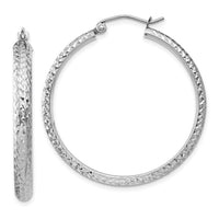 14K White Gold Diamond-cut 3.5x34mm Hollow Hoop Earrings-TC813