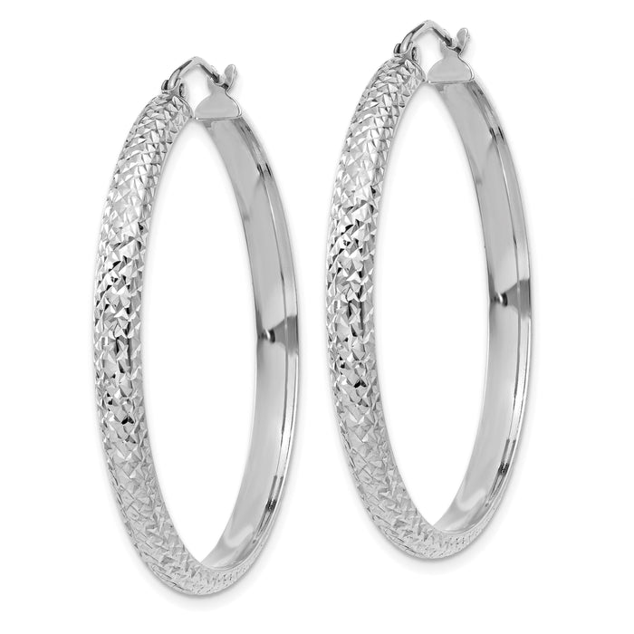 14K White Gold Diamond-cut 3.5x38mm Hollow Hoop Earrings-TC814