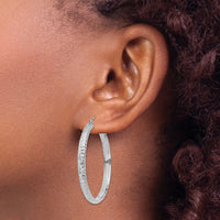 14K White Gold Diamond-cut 3.5x38mm Hollow Hoop Earrings-TC814