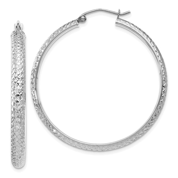 14K White Gold Diamond-cut 3.5x38mm Hollow Hoop Earrings-TC814