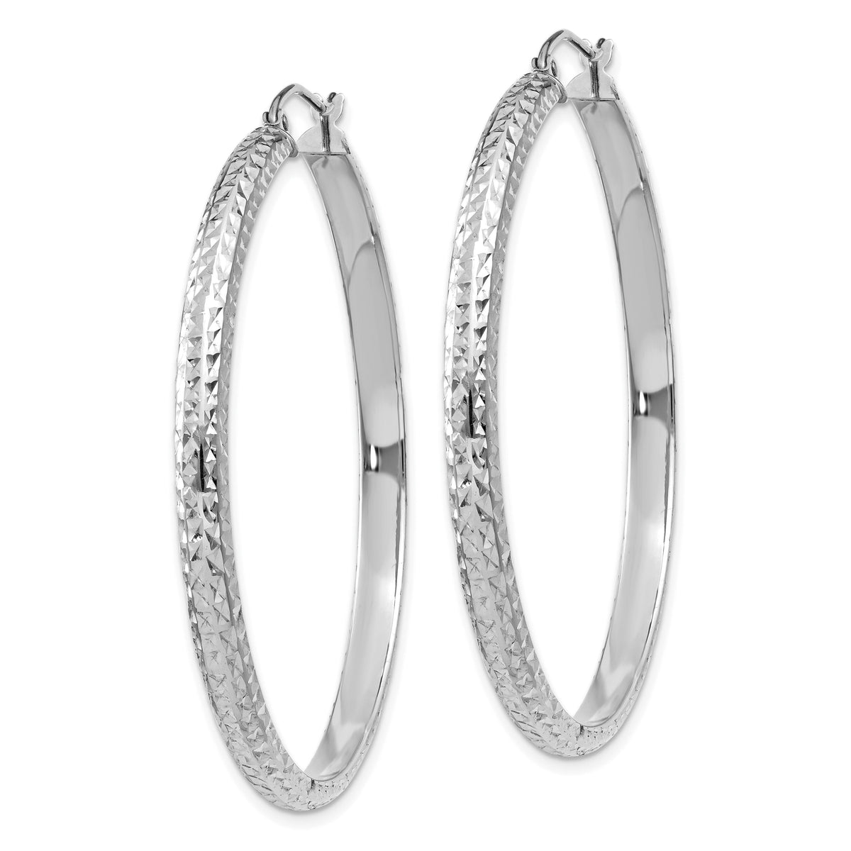 14K White Gold Diamond-cut 3.5x46mm Hollow Hoop Earrings-TC815