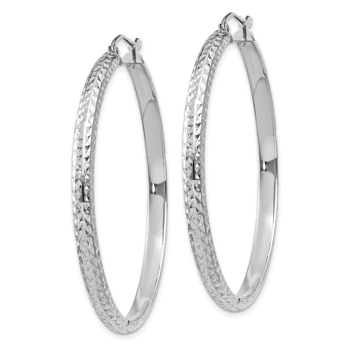14K White Gold Diamond-cut 3.5x46mm Hollow Hoop Earrings-TC815